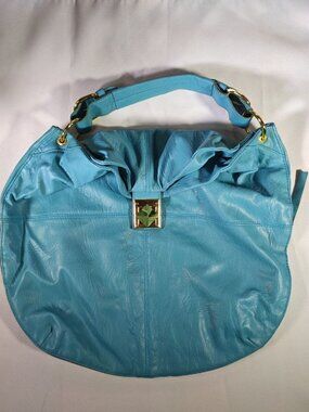Avon Mark Blue Large Crescent Shoulder Bag Zip Gold Hardware Lined Pockets